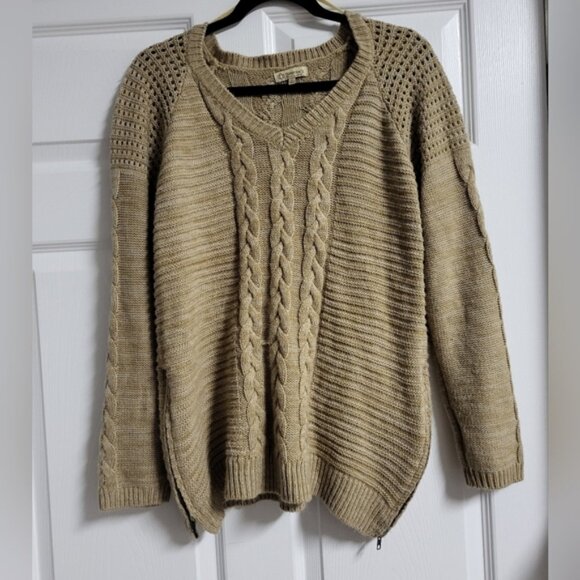 Democracy- Womens,Tan, Cable Knit, Side Zip Sweater -Size L - Picture 1 of 5